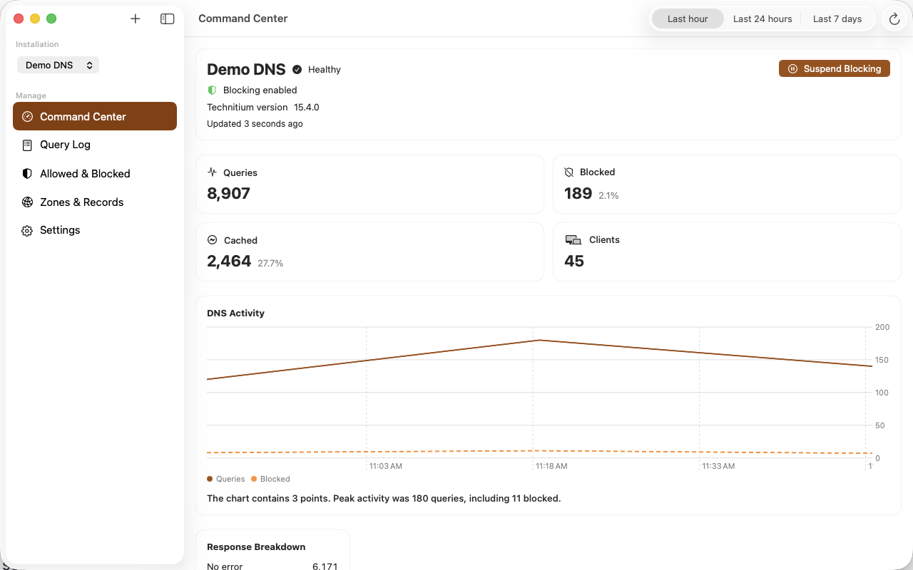 Technitium Console command center on macOS